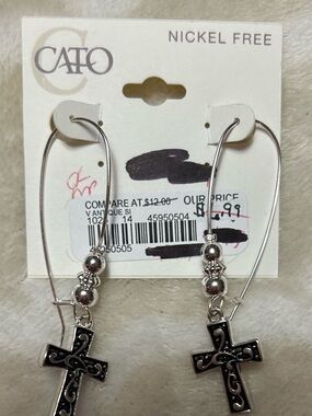 Cato Silver-Tone Cross Drop Earrings with Black Enamel Detail